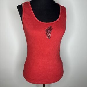 Y2K One World Red Rhinestone Tank Top L Grunge Whimsy Goth USA Cotton